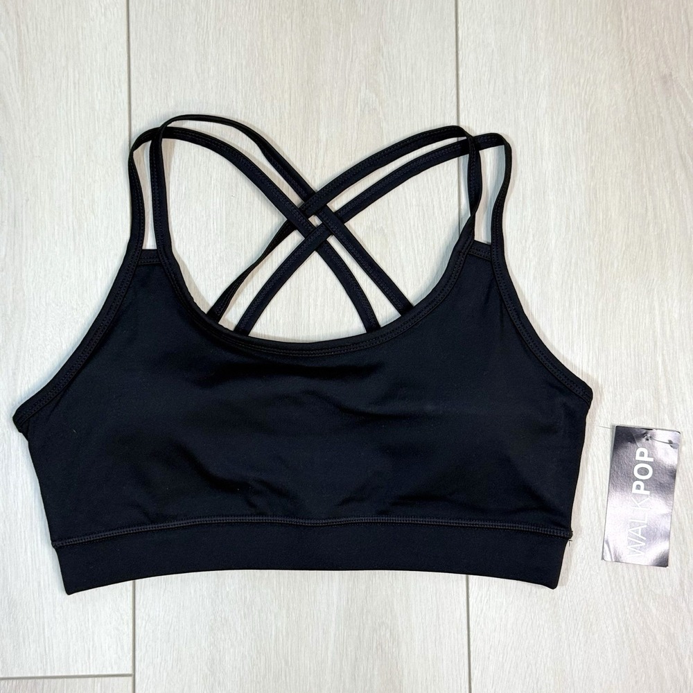 WALKPOP Women's Strappy Sports Bra Black Size L Crossback Activewear Yoga NWT
